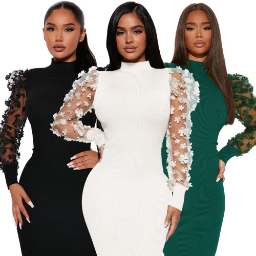 Women's High Neck Petal Mesh Sleeve Pencil Dress