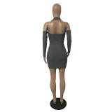 Women's Sexy Ribbed Halter Low Neck Button Bodycon Dress
