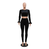 Sexy Two Piece Set Long-sleeved Crop top with slim pencil pants