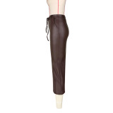 Women's High Stretch PU Leather Slit Midi Skirt