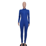 Women Casual Solid Color Slim Fit Ribbed Zipper Jumpsuit