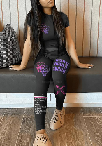 Casual Sports Print T-Shirt + Pants Tight Fit Two Piece Set