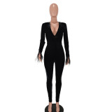 Women Sexy Long Sleeve V-Neck Velvet Black Bodycon Jumpsuit