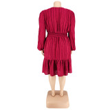 Plus Size Jacquard V-Neck Long Sleeve Shirred Casual Dress