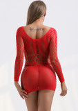 Erotic lingerie Red Fishnet Long Sleeve Bodycon Dress
