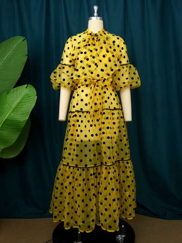 Elegant Lady 3/4 Sleeve Polka Dot Print Light Yellow Sheer Maxi Dress