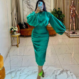 Green Lantern Sleeve Ruched Formal Party Evening Dress