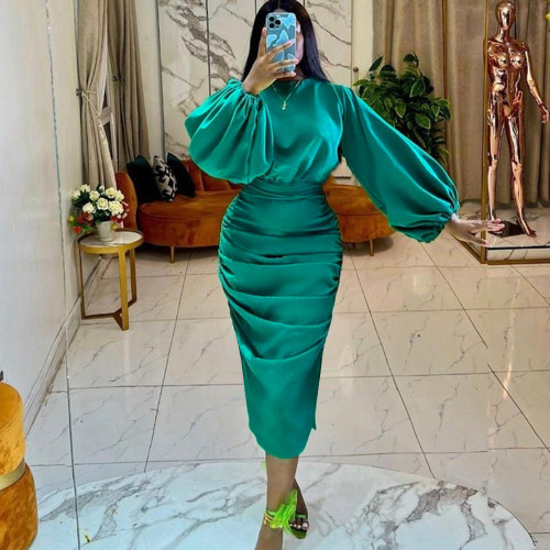 Green Lantern Sleeve Ruched Formal Party Evening Dress