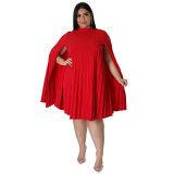 Plus Size Solid Cape Sleeve Pleated Dress