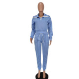 Light Blue 1/4 Zipper Sweatshirt and Sweatpants Two Piece Ste