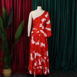 Women's Slash Shoulder Long Sleeve Print Maxi Dress