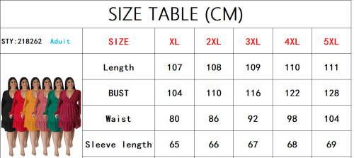 Plus Size Jacquard V-Neck Long Sleeve Shirred Casual Dress