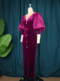 Velvet Lantern Sleeve V-Neck Slit Vintage Party Dress