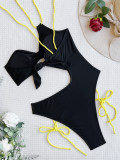 Women's One Shoulder Contrast Drawstring Cut Out Black One Piece Swimwear