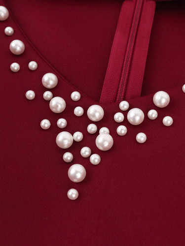 Women Burgundy Beaded V-Neck Ruffle Sleeve Slit Party Dress