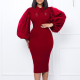 African Style Beaded Patchwork Puff Sleeve Career Bodycon Pencil Dress