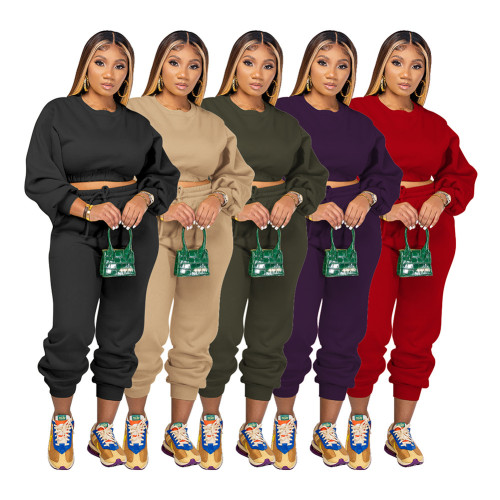 Women's Round Neck Cropped Sweatshirt and Sweatpants Two Piece Set