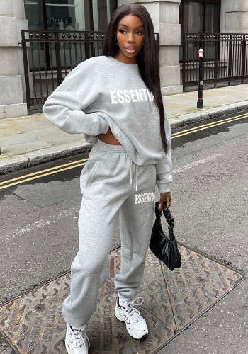 Casual Letter Print Fleece Lining Pocket Sports Two Piece Tracksuit