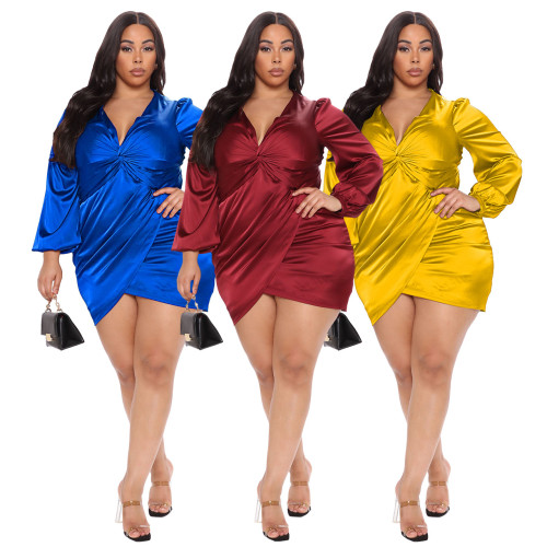 Solid Twist V-Neck Long Sleeve Sexy Satin Bodycon Dress