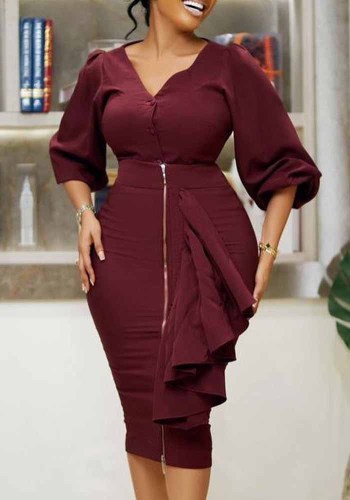 Solid 3/4 Sleeve V-Neck Button Top and Bodycon Skirt Two Piece Set