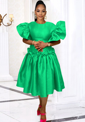 Women's Green Career Ruffles Slim Fit  A-Line Dresses