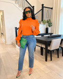 Solid Mock Neck Puff Sleeve Blouse