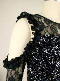 Black Cold Shoulder Sequin Lace Panel Sexy Bodycon Midi Dresses
