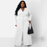 Plus Size Solid Long Sleeve Button Ribbed Long Slit Dress