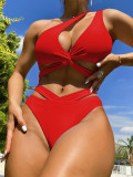Women Sexy Red Cut Out One Shoulder Two Piece Swimwear