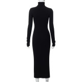 Women's Black High Neck Long Sleeve Slim Fit Ribbed Bodycon Long Dress