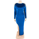 Plus Size Women's Solid Velvet Fringe Long Sleeve Cutout Back Party Maxi Dress