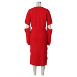 Women's Trendy Cutout High Slit Sweater + Midi Skirt Knitted 2PCS Set