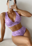 Women Purple Print High Waist Two Piece Swimwear