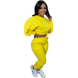 Winter Women's Round Neck Puff Sleeve Solid Crop Top Pants Tracksuit