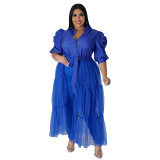 Plus Size See-Through mesh Patchwork Belted Shirt Dress