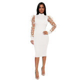 Women's High Neck Petal Mesh Sleeve Pencil Dress