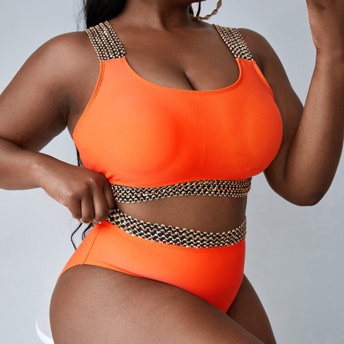 Orange Contrast Patchwork Plus Size Two Piece Swimwear