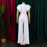 Belted Mesh Insert Sexy Pleated Wide Leg Ruffle Shoulder Jumpsuit