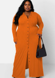 Plus Size Solid Long Sleeve Button Ribbed Long Slit Dress