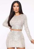 Women Long Sleeve Sequin Crop Top and Mini Skirt Two Pieces