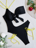 Women's One Shoulder Contrast Drawstring Cut Out Black One Piece Swimwear