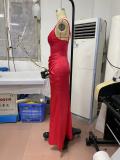 Womens Red V-Neck Straps Slit Evening Dress