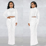 Trendy Rhinestone Mesh See-Through Long Sleeve Two Piece Skirt Set