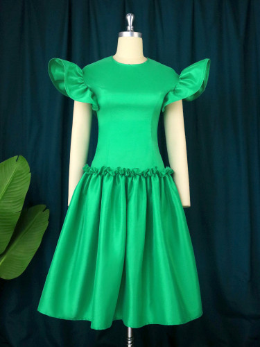 Women's Green Career Ruffles Slim Fit  A-Line Dresses