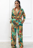Women Casual Print V-Neck Long Sleeve Shirt Top and Pants Two Piece Set