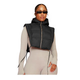 Womens Solid Zipper Sleeveless Padded Hooded Vest