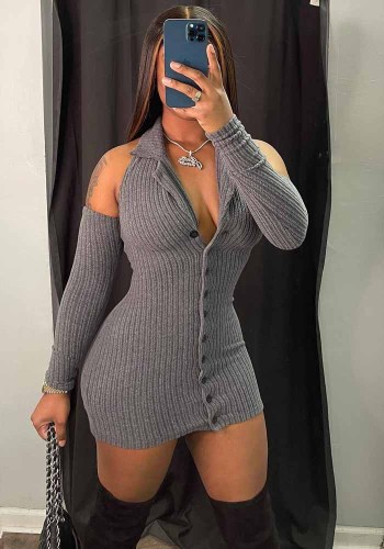 Women's Sexy Ribbed Halter Low Neck Button Bodycon Dress