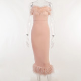 Women's Trendy Strapless Fur Trim Sexy Evening Dress
