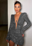 Sexy Deep V-Bar Plunging Padded Shoulder Ruched Long Sleeve Bodycon Dress