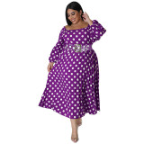 Plus Size Spot Print Long Sleeve Pleated Dress with Belt